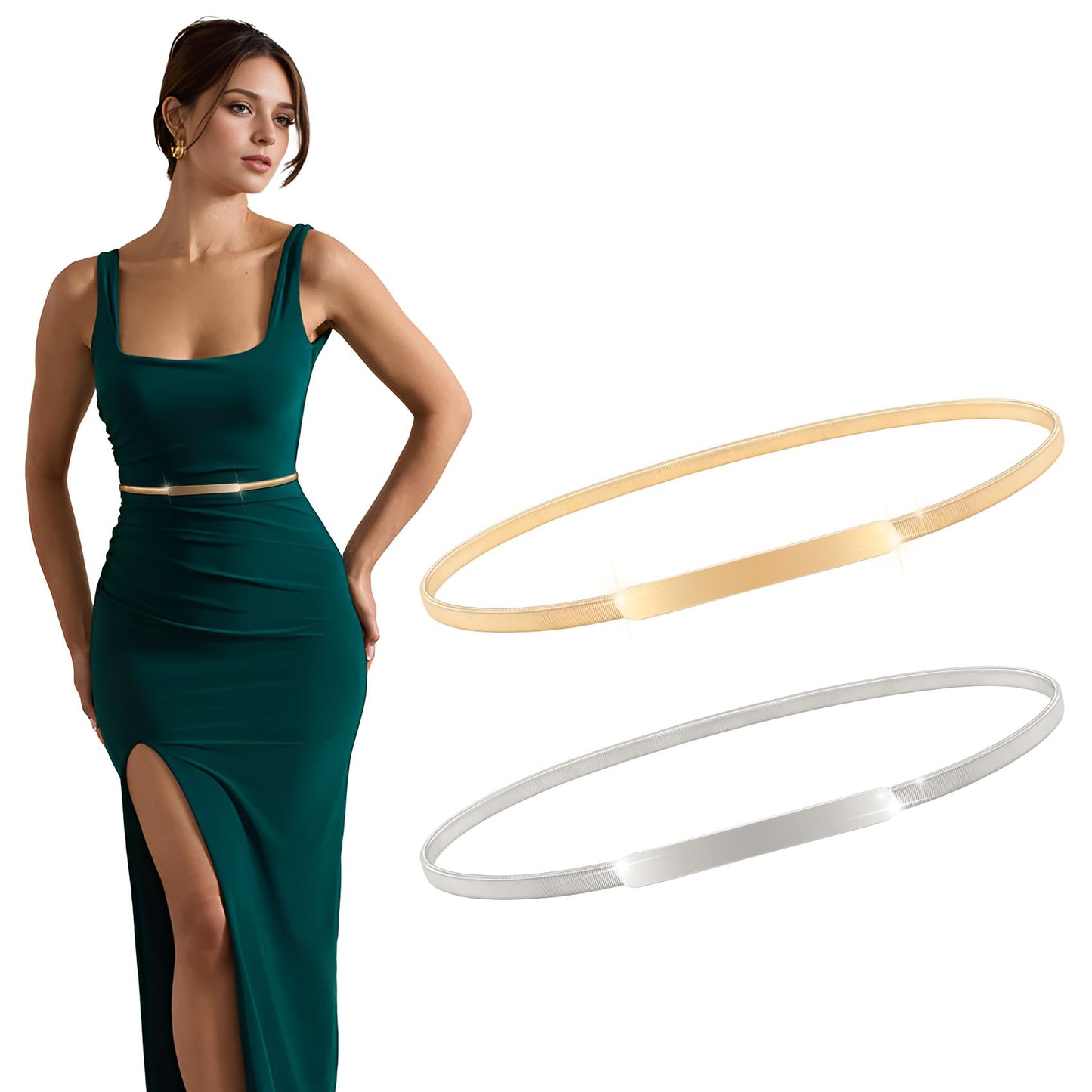 HOTXZQTIVE 2 Pieces Women Skinny Metal Chain Waist Belt Stretchy Saree Cinch Belt for Dress Gold Sliver
