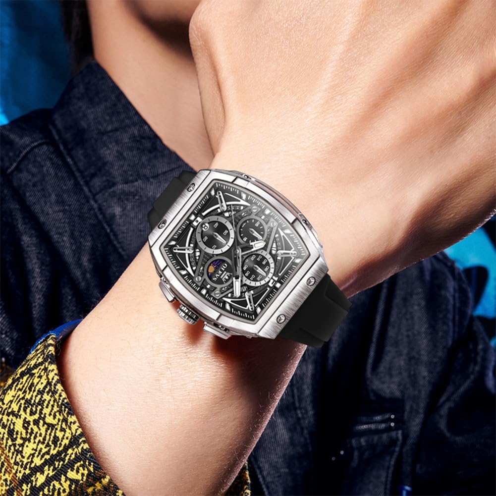 HOTOLEVS Men Watches Business Dress Chronograph Big Square Quartz Analog Male Watch Silicone Strap Waterproof Date Gift Mens Wrsit Watch Silver