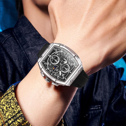 HOTOLEVS Men Watches Business Dress Chronograph Big Square Quartz Analog Male Watch Silicone Strap Waterproof Date Gift Mens Wrsit Watch Silver
