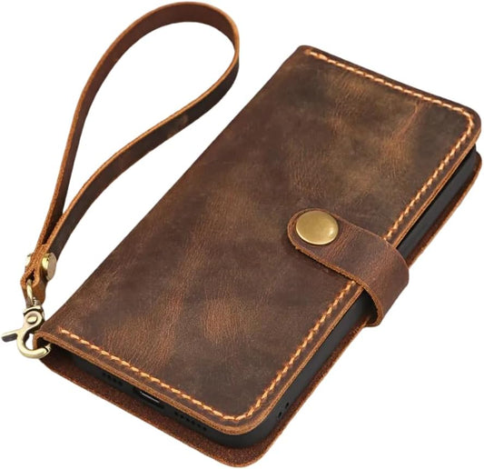 HOTPersonalized Leather Wristlet Wallet Case for iPhone 17/16/15/14 Pro Max | Handmade Vintage Style