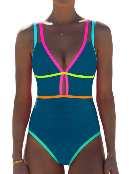 HOTpopvil Women One Piece Swimsuit 2026 Neon Tummy Control Bathing Suit | Tummy Ruched Design, Color Block, Cutout Design, Deep V Neck, Back tie,Adjustable Straps, Neon Trim,Vacation,Beach
