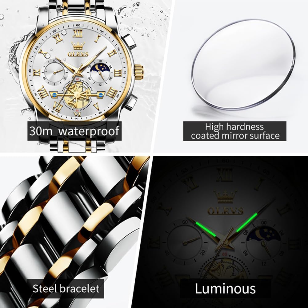 HOTOLEVS Watches Men Waterproof Luxury Big Face Mens Watch Stainless Steel Quartz Analog Dress Watches for Men Luminous Multifunction Man Watch Relojes De Hombre