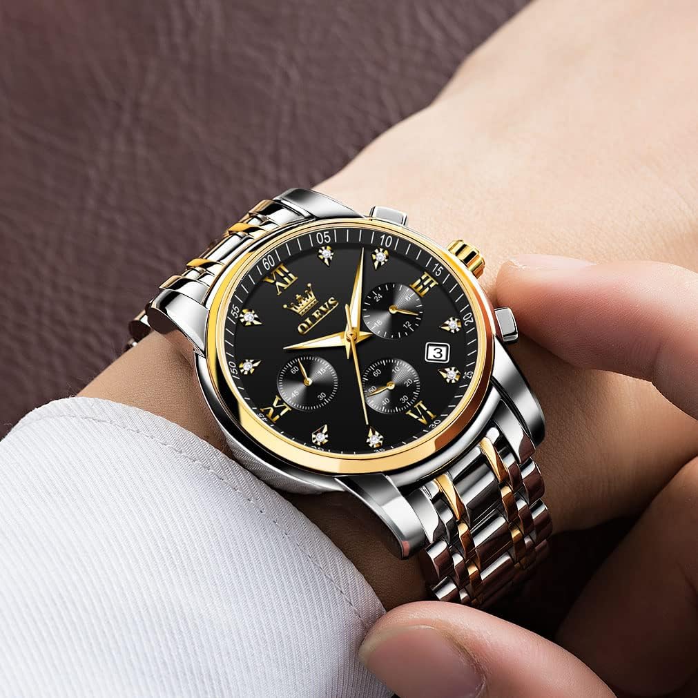 HOTOLEVS Men's Stainless Steel Chronograph Watch, Big Face Gold Silver Black Tone Easy to Read Analog Quartz Watch, Luxury Waterproof Date Diamond Roman Arabic Numerals Dial Dress Watch for Men