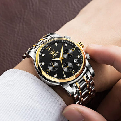 HOTOLEVS Men's Stainless Steel Chronograph Watch, Big Face Gold Silver Black Tone Easy to Read Analog Quartz Watch, Luxury Waterproof Date Diamond Roman Arabic Numerals Dial Dress Watch for Men