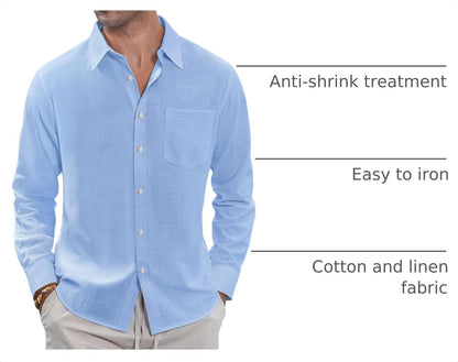 HOTJ.VER Men's Linen Shirts Casual Button Down Long Sleeve Shirt Solid Spread Collar Summer Beach Shirts with Pocket