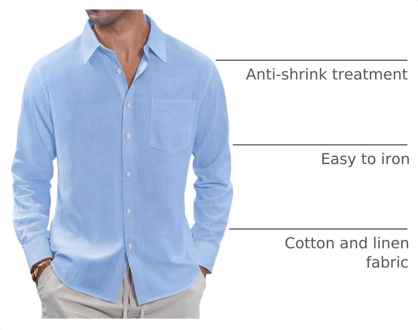 HOTJ.VER Men's Linen Shirts Casual Button Down Long Sleeve Shirt Solid Spread Collar Summer Beach Shirts with Pocket