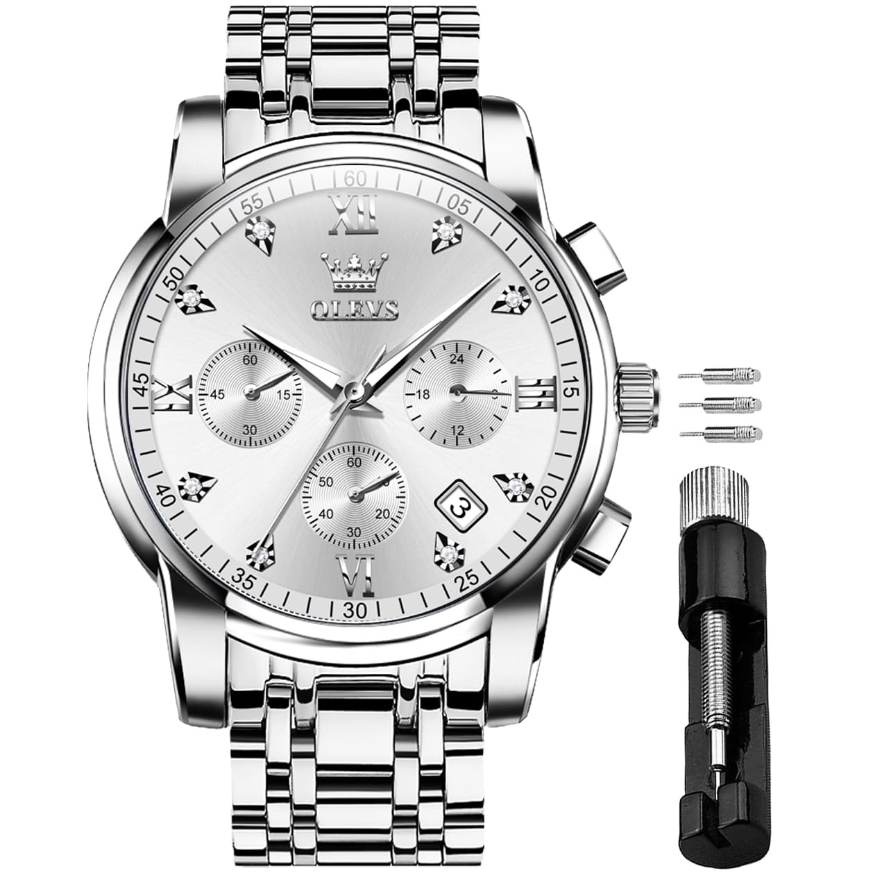 HOTOLEVS Men's Waterproof Watches Stainless Steel Waterproof Chronograph Wrist Watches Luxury Dress White Luminous Big Face Analog Quartz Male Watches