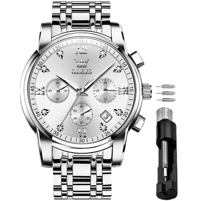 HOTOLEVS Men's Waterproof Watches Stainless Steel Waterproof Chronograph Wrist Watches Luxury Dress White Luminous Big Face Analog Quartz Male Watches