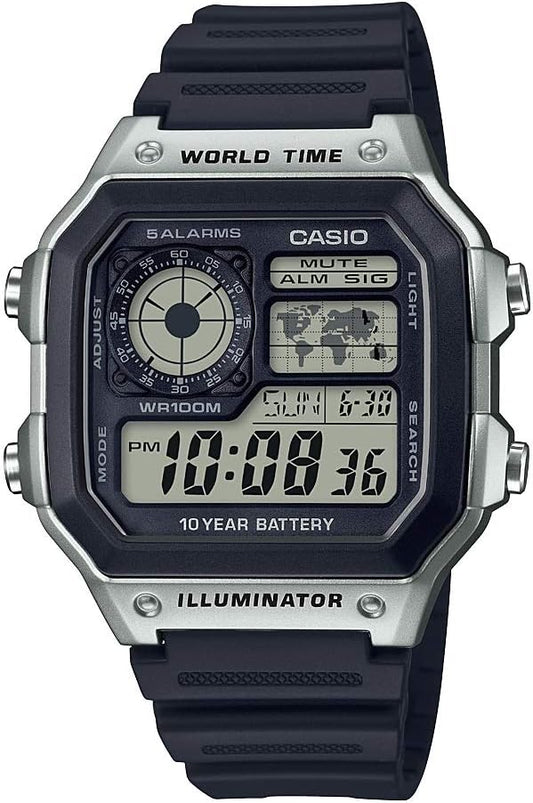 HOTCasio AE1200WH Series | Men’s Digital Watch | 100M WR | Multi Alarms | 100 SEC Stopwatch | Countdown Timer | World Map for World Time | LED Light | LC Analog Display | 10 Year Battery