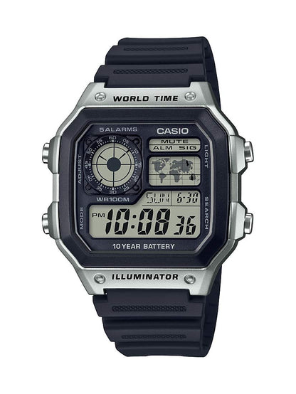 HOTCasio AE1200WH Series | Men’s Digital Watch | 100M WR | Multi Alarms | 100 SEC Stopwatch | Countdown Timer | World Map for World Time | LED Light | LC Analog Display | 10 Year Battery