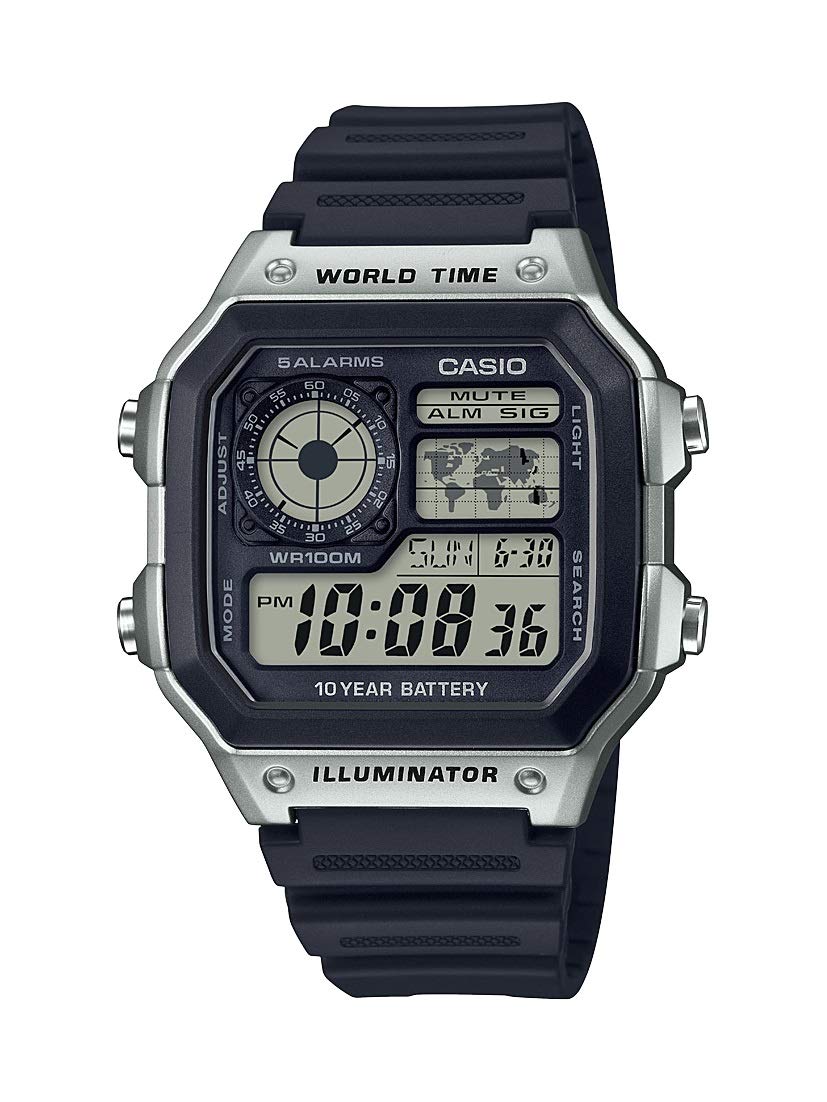 HOTCasio AE1200WH Series | Men’s Digital Watch | 100M WR | Multi Alarms | 100 SEC Stopwatch | Countdown Timer | World Map for World Time | LED Light | LC Analog Display | 10 Year Battery