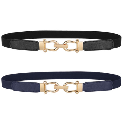 HOTJASGOOD Women Skinny Elastic Belt for Dresses,Thin Retro Stretch Waist Belt with Golden Buckle