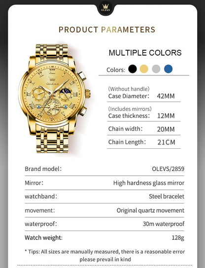 HOTOLEVS Watches Men Waterproof Luxury Big Face Mens Watch Stainless Steel Quartz Analog Dress Watches for Men Luminous Multifunction Man Watch Relojes De Hombre
