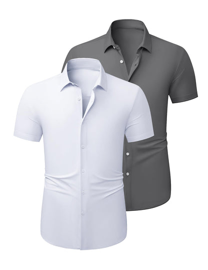 HOTJMIERR Men's Muscle Fit High Stretch Wrinkle-Free Button Down Dress Shirts Summer Casual Short Sleeve Shirt