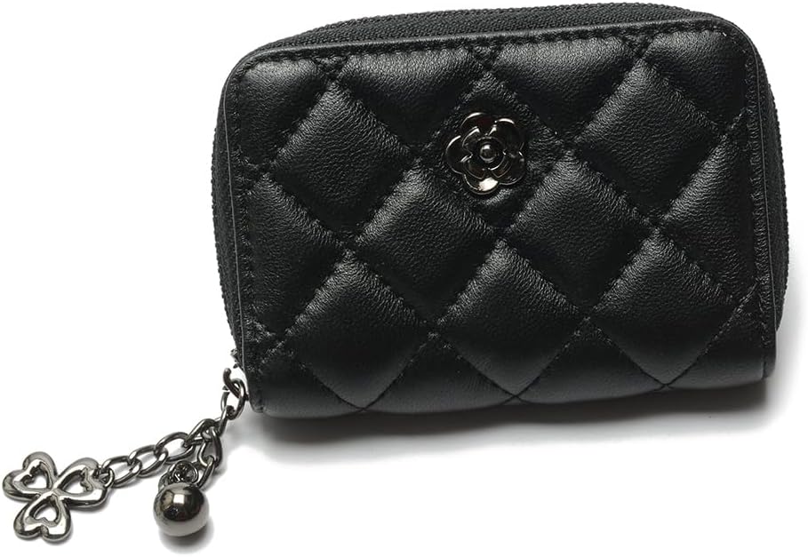 HOT2R Quilted Leather Zipper Wallet with Chain, Black