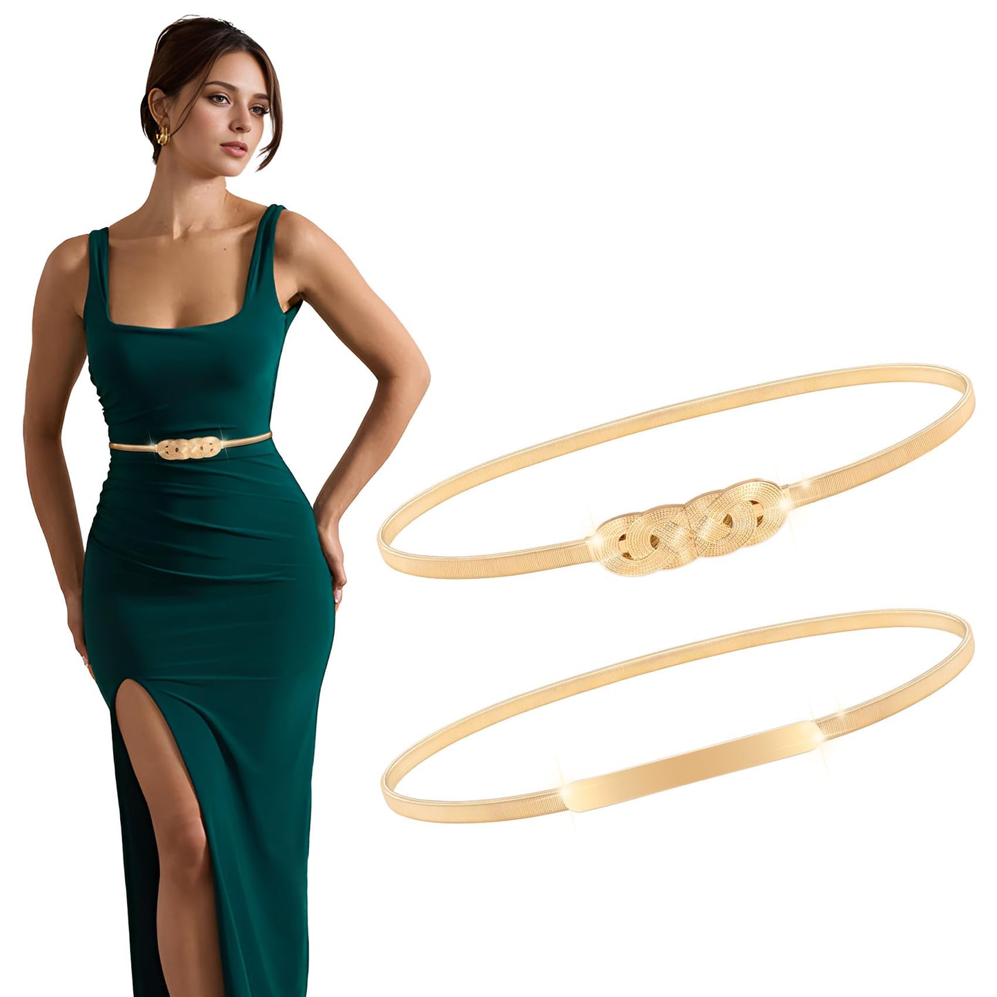HOTXZQTIVE 2 Pieces Women Skinny Metal Chain Waist Belt Stretchy Saree Cinch Belt for Dress Gold Sliver