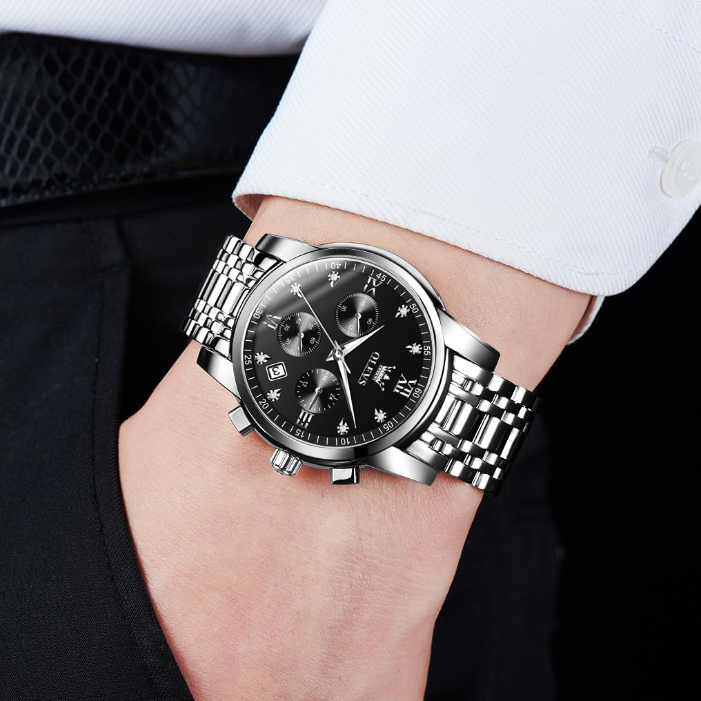 HOTOLEVS Men's Stainless Steel Chronograph Watch, Big Face Gold Silver Black Tone Easy to Read Analog Quartz Watch, Luxury Waterproof Date Diamond Roman Arabic Numerals Dial Dress Watch for Men