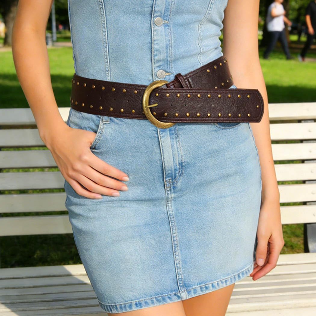 HOTWide Studded Leather Belts Chunky Vintage Belt Fashion Thick Belt Accessories for Women