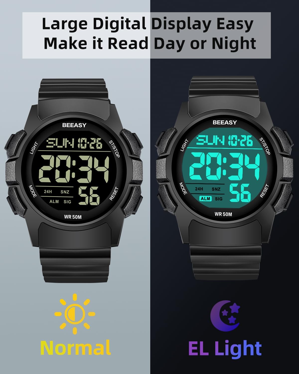 HOTBeeasy Mens Digital Sports Watch, 50M Waterproof 49mm Rubber Strap Mens Watches with Stopwatch, Countdown Timer, Alarm & Dual Time—Ideal for Sport, Gym, Running, Referee, School & Daily Wear