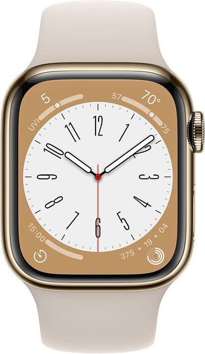 HOTApple Watch Series 8 (GPS + Cellular, 41MM) Gold Stainless Steel Case with Starlight Sport Band - S/M (Renewed)