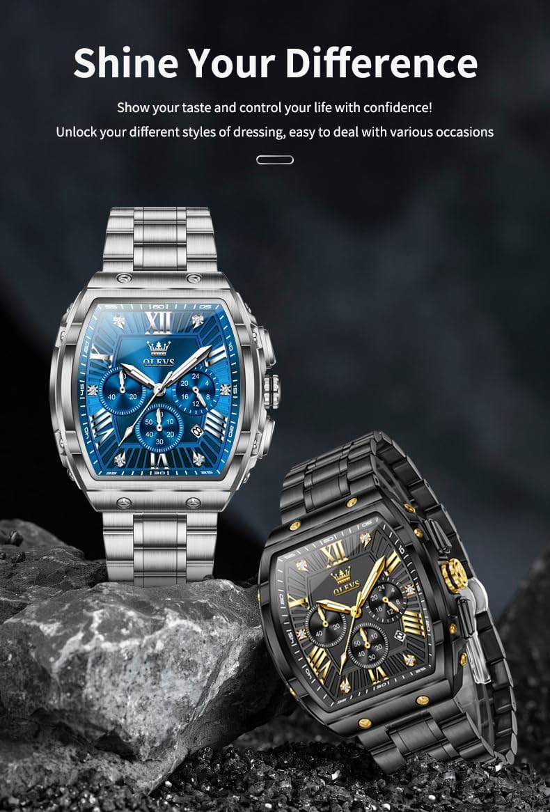 HOTOLEVS Mens Watches Analog Quartz Chronograph Square Dress Watch for Man Stainless Steel or Leather Band Waterproof Luminous Date Male Watch