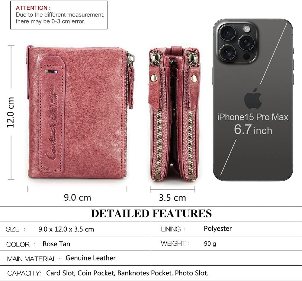 HOTCONTACTS Soft Leather Wallet for Women Small Bifold Coin Purse Double Zipper Card Holder with RFID Blocking (Rose Tan)
