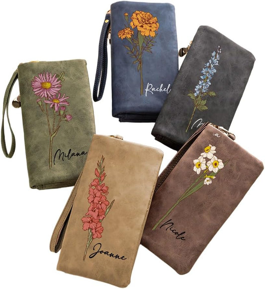 HOTPersonalized Wallets for Women – Custom Wallet with Watercolor Birth Flower & Name, PU Leather Tri-Fold Wristlet Wallet Women, Card Holder Birthday Anniversary Christmas Gift