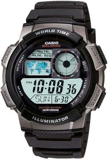HOTCasio AE1000W Series | Men’s Digital Watch | 100M WR | Multi Alarms | 100 SEC Stopwatch | Countdown Timer | World Map for World Time | LED Light | LC Analog Display | 10 Year Battery