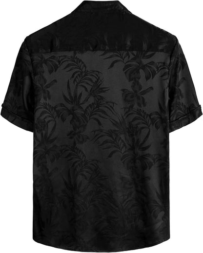 HOTVATPAVE Mens Silk Satin Hawaiian Shirt Short Sleeve Button Down Shirts | Hawaii, Summer, Beach, Vacation, Tropical, Resort Wear, Jacquard, Going Out, Rave, Cool, Club, Floral, Holiday, with Pocket