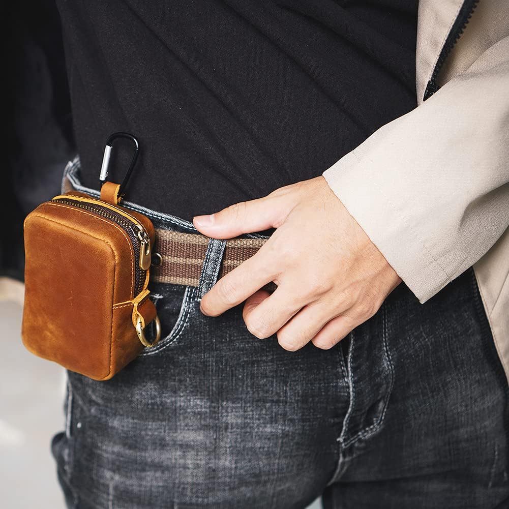 HOT1 Pcs Leather Coin Pouch Keychain, Leather Mini Belt Bag,Coin Organizer, Change Holder, Leather zipper Pouch for Men & Women，Outdoor Running Sports Mini Storage Bag