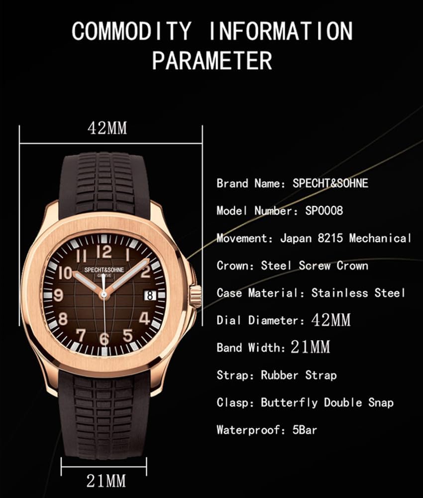 HOTSpecht & Söhne Watches for Men Japan Miyota 8215 Movement Watch Sport Movt Classic Automatic Mechanical Mens Wristwatch Rubber Strap Waterproof 40MM