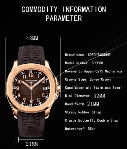 HOTSpecht & Söhne Watches for Men Japan Miyota 8215 Movement Watch Sport Movt Classic Automatic Mechanical Mens Wristwatch Rubber Strap Waterproof 40MM