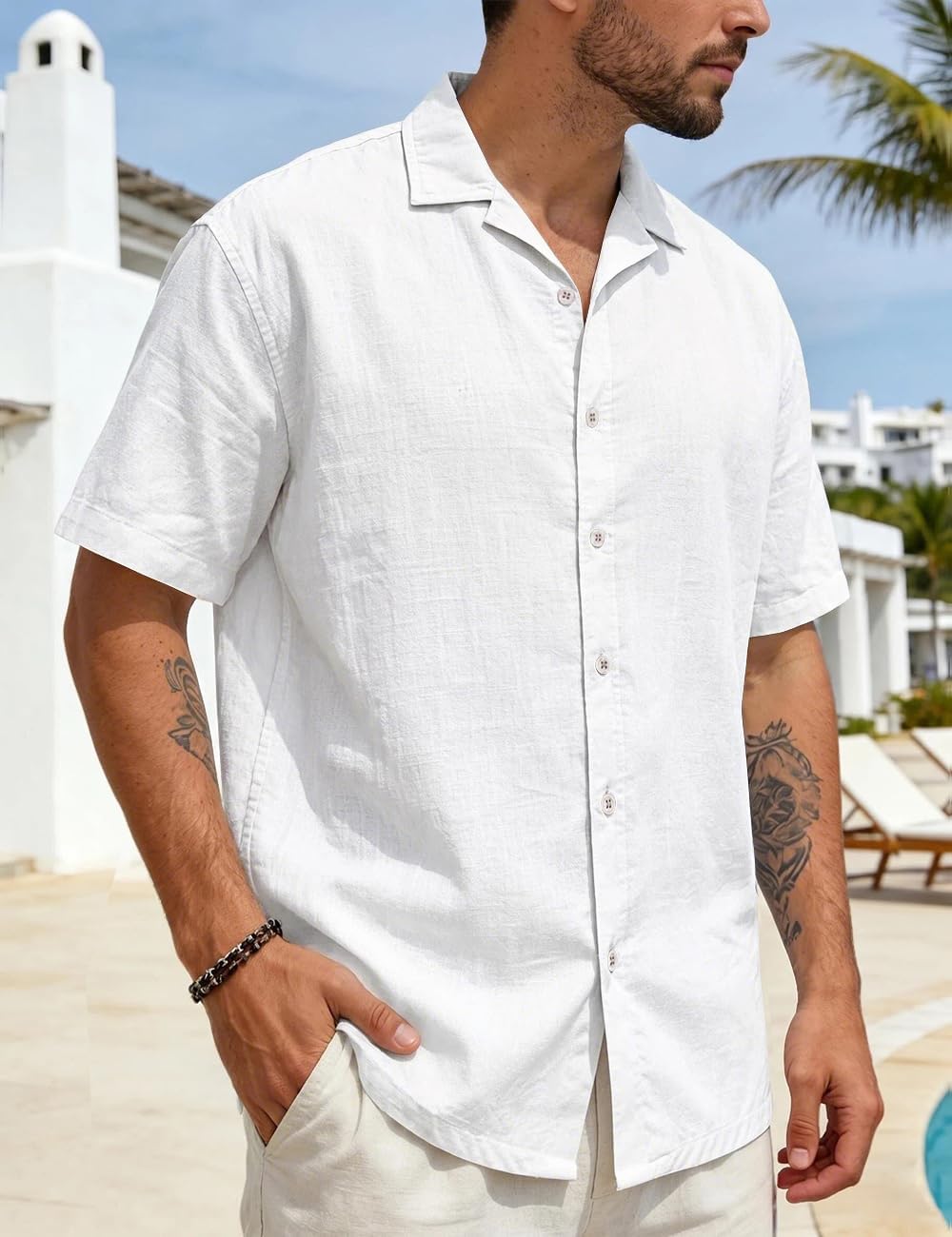HOTMens Cotton Linen Shirt Casual Lightweight Button Down Shirt Short Sleeve Summer Beach Vacation Tops