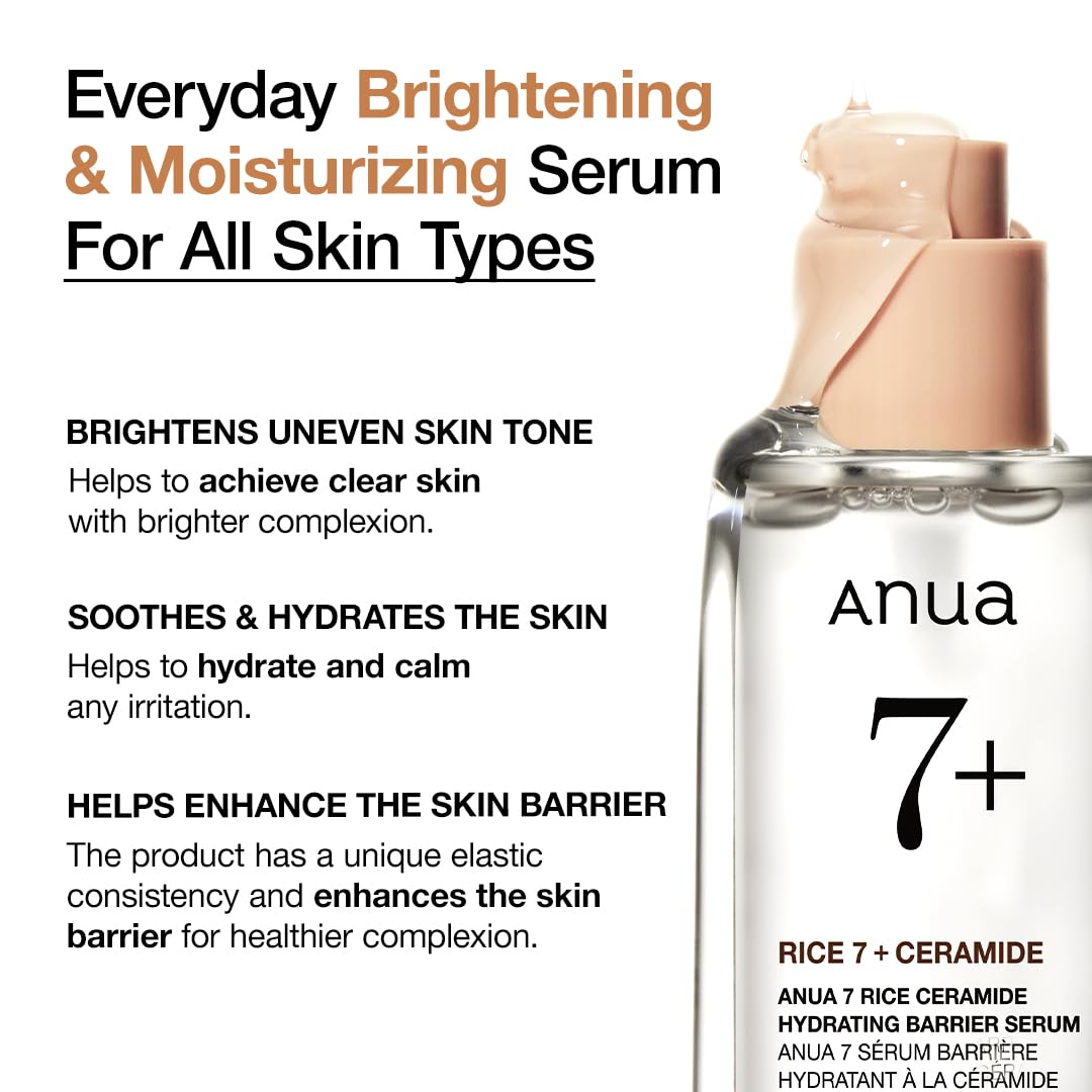 HOTAnua Rice Ceramide 7 Hydrating Barrier Serum, Moisturizing Face Serum, Non-comodogenic, Hyaluronic Acid, Niacinamide, Lightweight, Fragrance Free, Sensitive Dry Skin, Korean Skincare, 1.69 fl oz