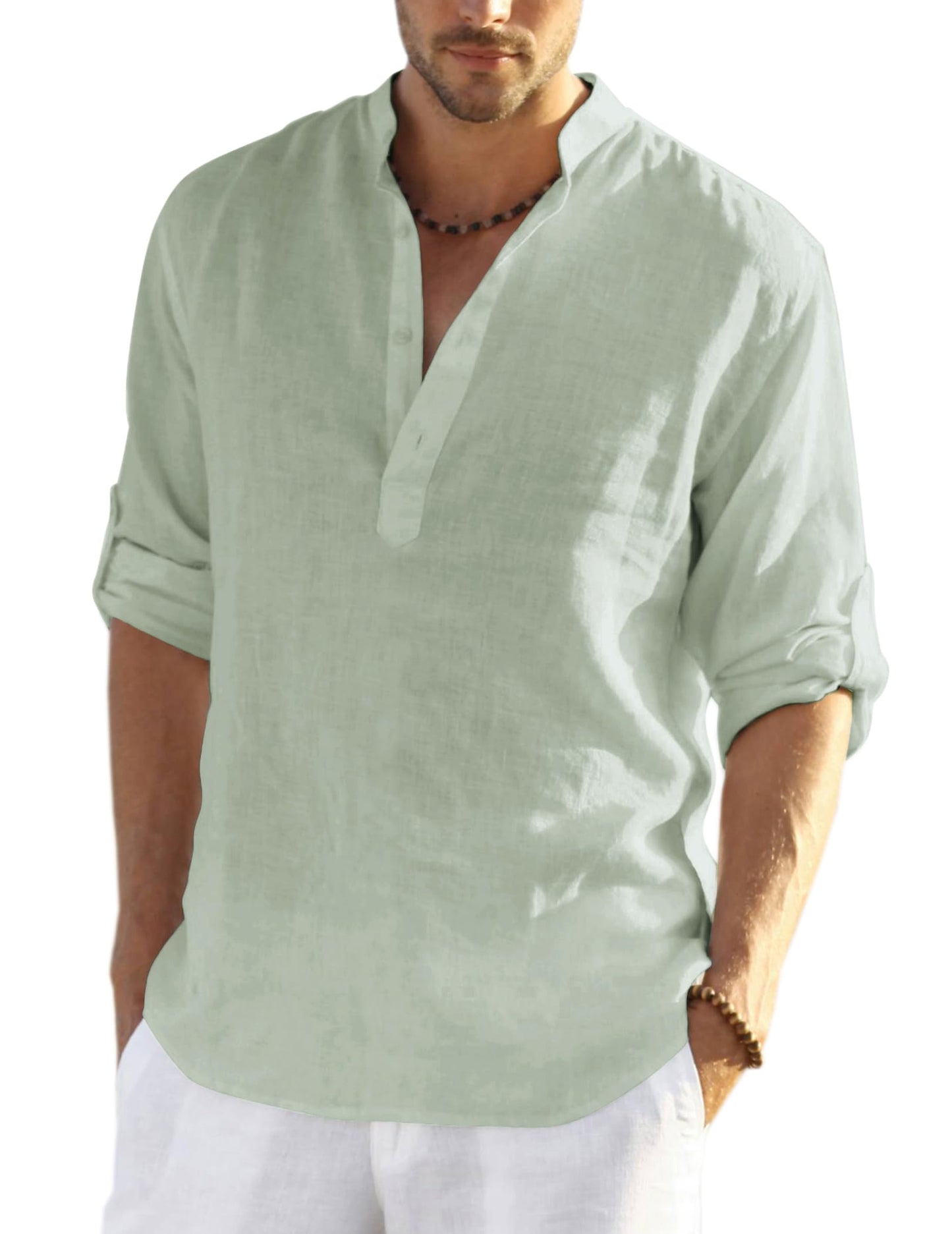 HOTCOOFANDY Men's Cotton Linen Henley T-Shirt Long Sleeve Hippie Casual Beach T-Shirts