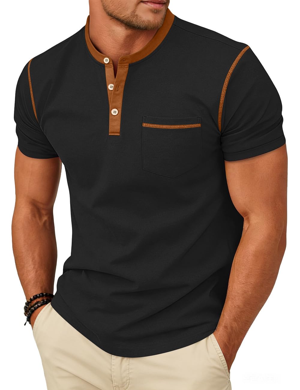 HOTMen's Henley Shirt Casual Button Short Sleeve T-Shirt Summer Patchwork Color Block Tee Shirts