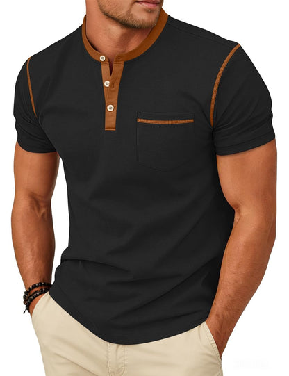 HOTMen's Henley Shirt Casual Button Short Sleeve T-Shirt Summer Patchwork Color Block Tee Shirts