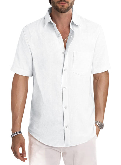HOTJMIERR Men's Casual Stylish Short Sleeve Button-Up Striped Dress Shirt Cotton Beach Shirts