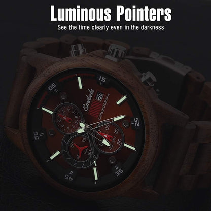HOTEmibele Wooden Watch for Men, Date Display Chronograph Quartz Wrist Watch, 3 Sub-dials Handmade Light Weight Luminous Watch - Walnut
