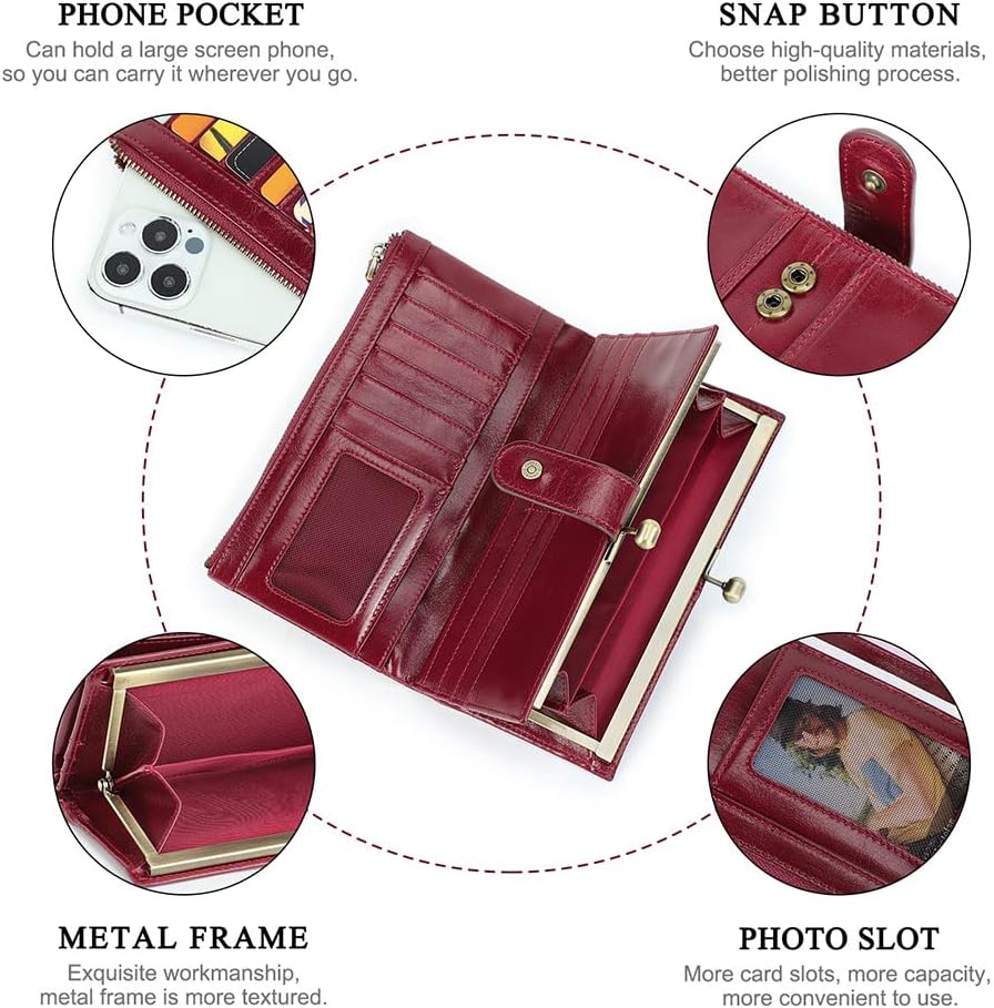 HOTCONTACTS Kiss Lock Wallet for Women Leather, Kiss Clasp Wallet Coin Card Purse RFID Clutch Wallet Zipper Red Vintage Phone Holder