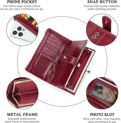 HOTCONTACTS Kiss Lock Wallet for Women Leather, Kiss Clasp Wallet Coin Card Purse RFID Clutch Wallet Zipper Red Vintage Phone Holder