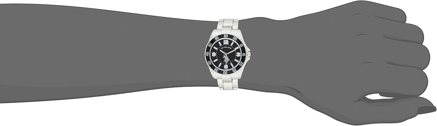 HOTU.S. Polo Assn. Men's Analog Stainless Steel Watch with Black Dial and Rotating Bezel – Sleek Design, Adjustable Band, and Water-Resistant – Fits Wrists 5.5" to 8"