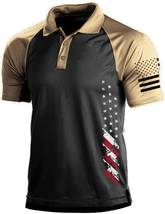 HOTMen's Polo Shirt Short Sleeve Quick Dry American Flag Print Graphic Split Color Golf Shirt for Sport