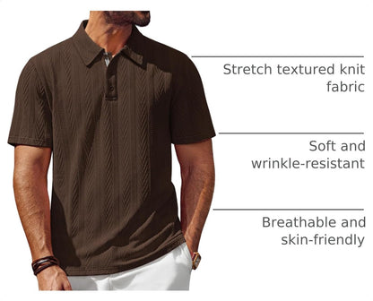 HOTPJ PAUL JONES Mens Polo Shirts Short Sleeve Knit Polo | Textured Knit Polo Shirt, Contrast Striped Placket, Golf Collared, Regular Fit, Stretchy, Wrinkle-free, Breathable, Old Money