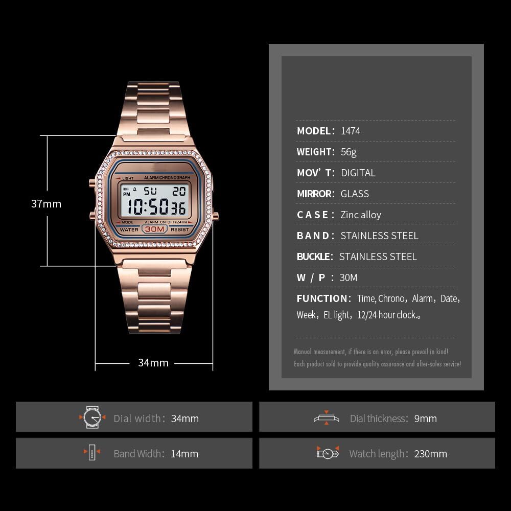 HOTPASOY Men's Digital Gold Stainless Steel Watch Backlit Multifunction Stopwatch Waterproof Sport Watches