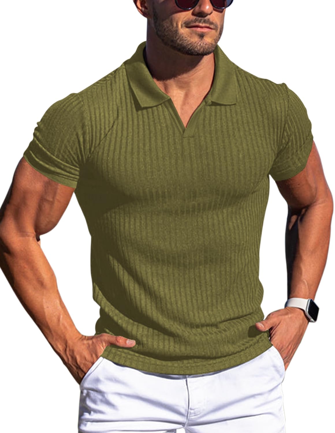 HOTMen's Muscle V Neck Polo Shirts Slim Fit Short Long Sleeve Cotton Golf T-Shirts Ribbed Knit Soft Tees
