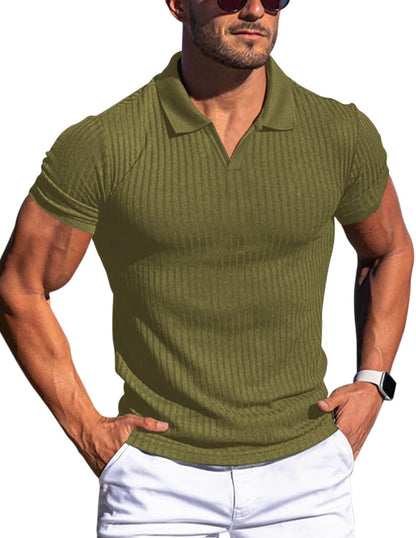 HOTMen's Muscle V Neck Polo Shirts Slim Fit Short Long Sleeve Cotton Golf T-Shirts Ribbed Knit Soft Tees