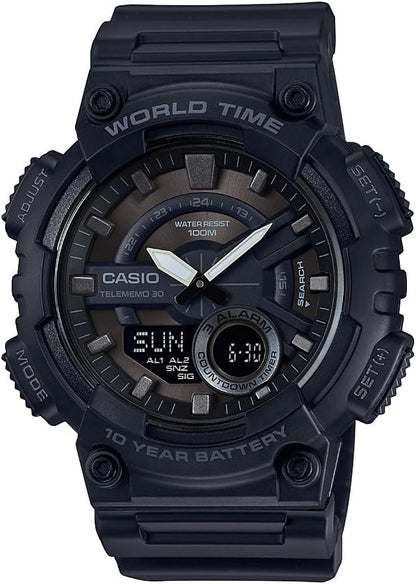 HOTCasio AEQ110BW Series | Men’s Analog-Digital Watch |100M WR | Multi Alarms | 100 SEC Stopwatch | Countdown Timer | World Map for World Time | LED Light | LC Display | 10 Year Battery