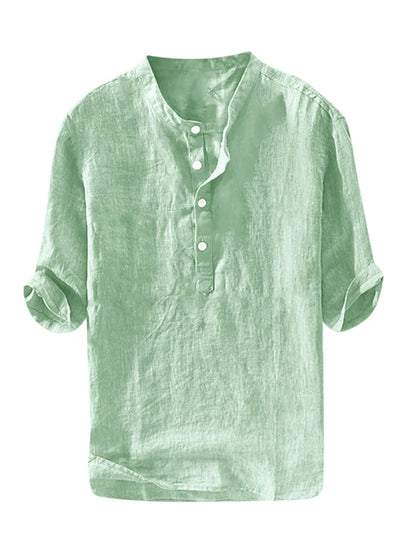 HOTRyannology Mens Linen Shirts Casual Cotton 3/4 Sleeve Regular-Fit Henley T-Shirt Summer Lightweight Beach Yoga Tops
