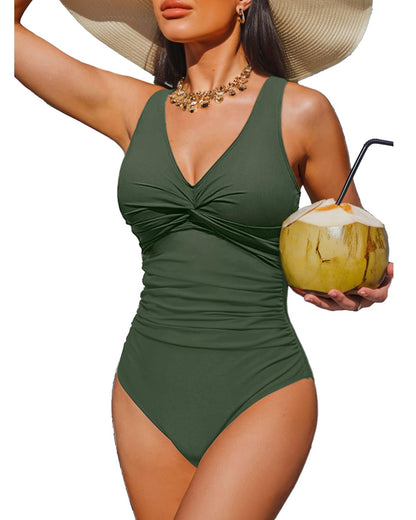 HOTWomen's Tummy Control One Piece Swimsuit Push Up Full Coverage Bathing Suit | V-Neck Twist Front, Low-Back Design, Adjustable Straps, Removable Pads, Full Coverage, Long-Torso Fit, Beach and Pool Days